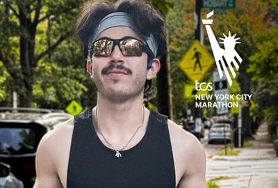 Tristan Espinoza running with sunglasses while training for 2025 TCS NYC Marathon with logo overlay